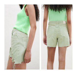 New ZARA High Rise Dad Shorts Ripped Distressed Raw Hem Cotton Green Women's 4